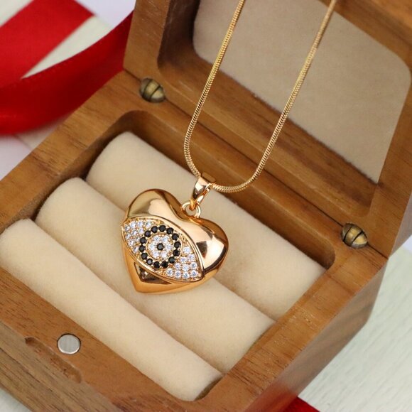 "Heart Evil Eye Rose Gold Pendant with Crystals, XPPT1582 - Picture 7 of 13